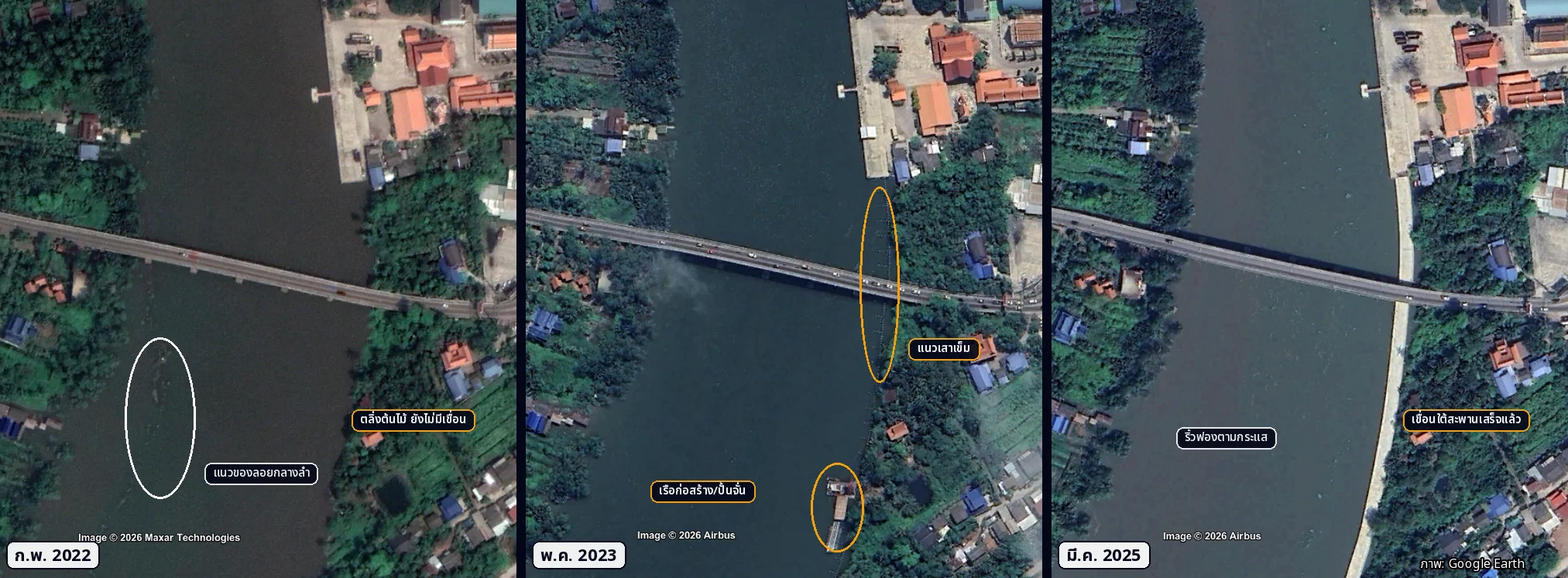 เทียบช่วงสะพานหน้าแล้ง กุมภาพันธ์ 2022 พฤษภาคม 2023 และมีนาคม 2025