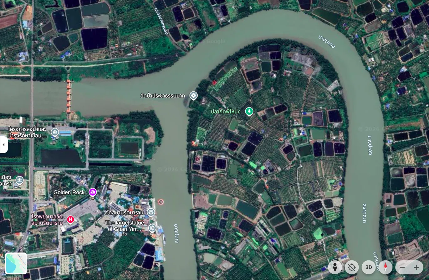 ภาพดาวเทียมแม่น้ำบางปะกงช่วงโค้งวัดป่าประชาธรรมนาท 7 กรกฎาคม 2023
