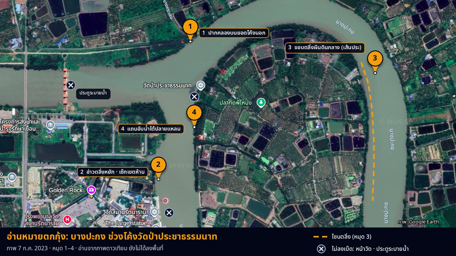 ภาพดาวเทียมแม่น้ำบางปะกงช่วงโค้งวัดป่าประชาธรรมนาท พร้อมหมุด 4 จุดที่ควรไปเช็กหน้างาน