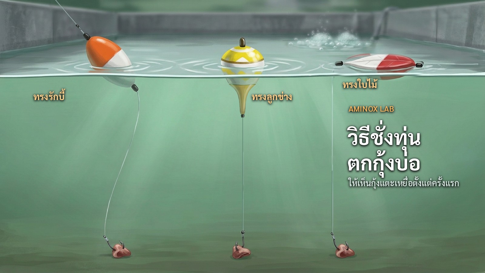 ทุ่นตกกุ้งหลายทรงลอยบนผิวน้ำบ่อปูน สายเอ็นดิ่งลงไปถึงเหยื่อที่ติดพื้นบ่อ