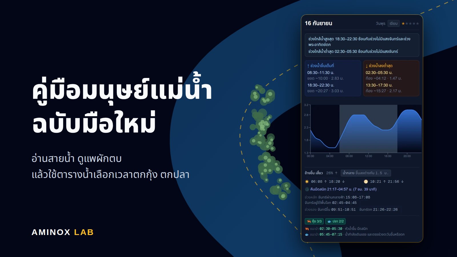 การ์ดตารางน้ำวันที่ 16 กันยายน 2569 วางบนภาพแม่น้ำโค้งที่มีแพผักตบชวาเกาะฝั่งโค้งใน